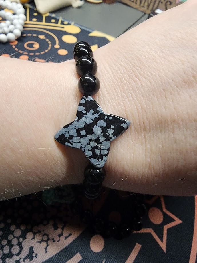 Natural Black Obsidian 8mm Stretch Bracelet with Snowflake Obsidian Star Accent