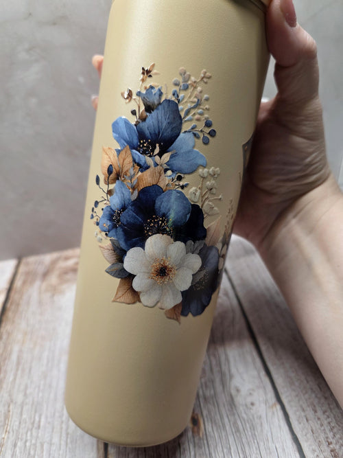 Blue Floral Horseshoe | Powder Coated Stainless Steel 24oz Tumbler