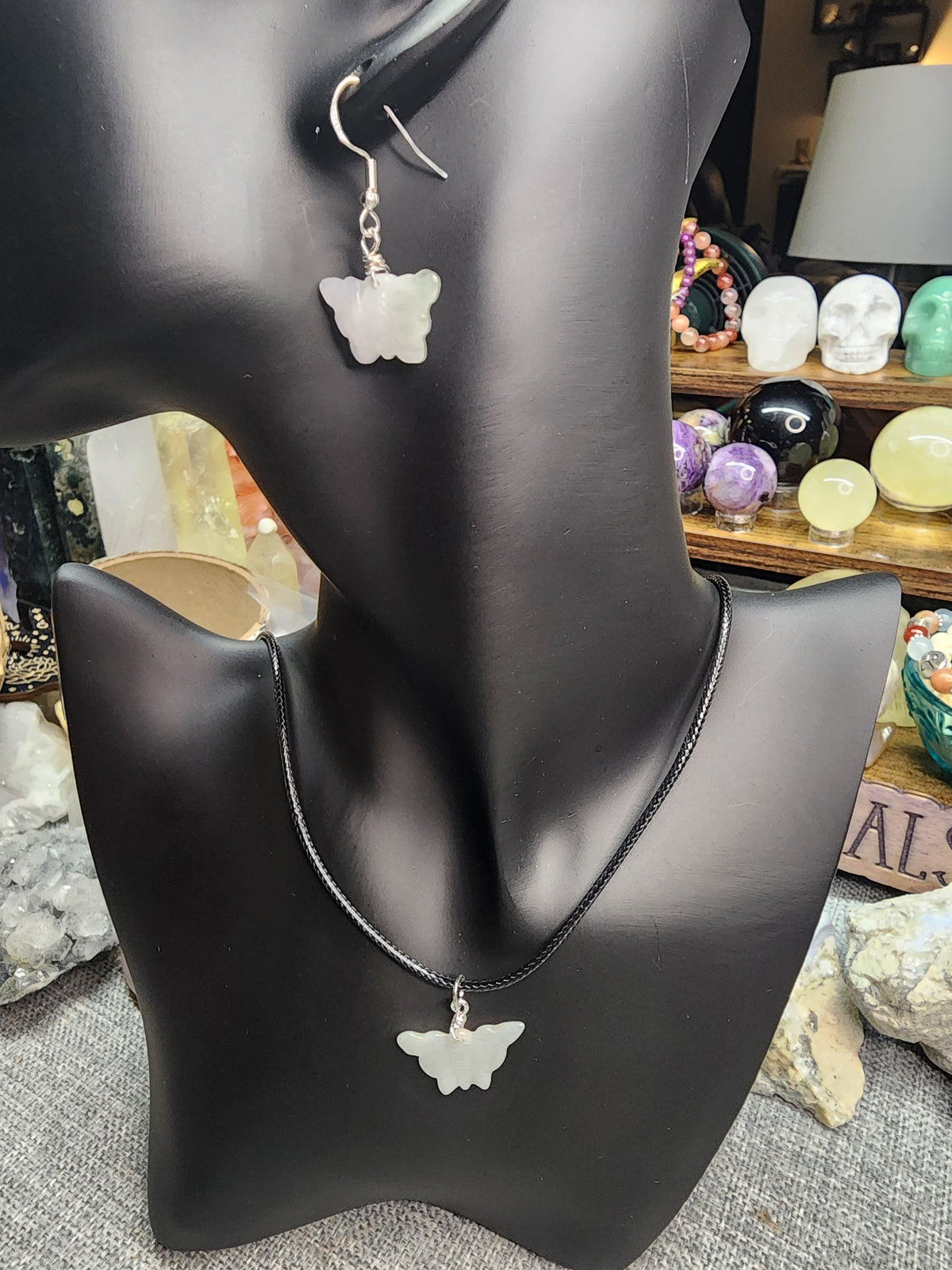 Green Burma Jade Butterfly Earrings & Necklace Set