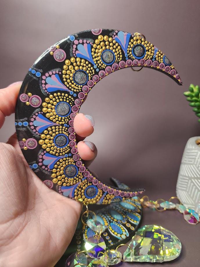 Hand Painted Mandala Crescent Moon Suncatchers