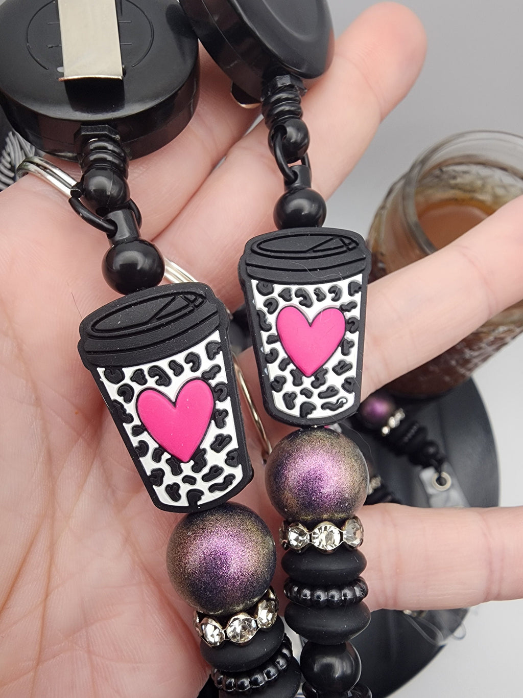 Hot Pink Heart Cheetah Print & Coffee Cup Retractable Badge Reel