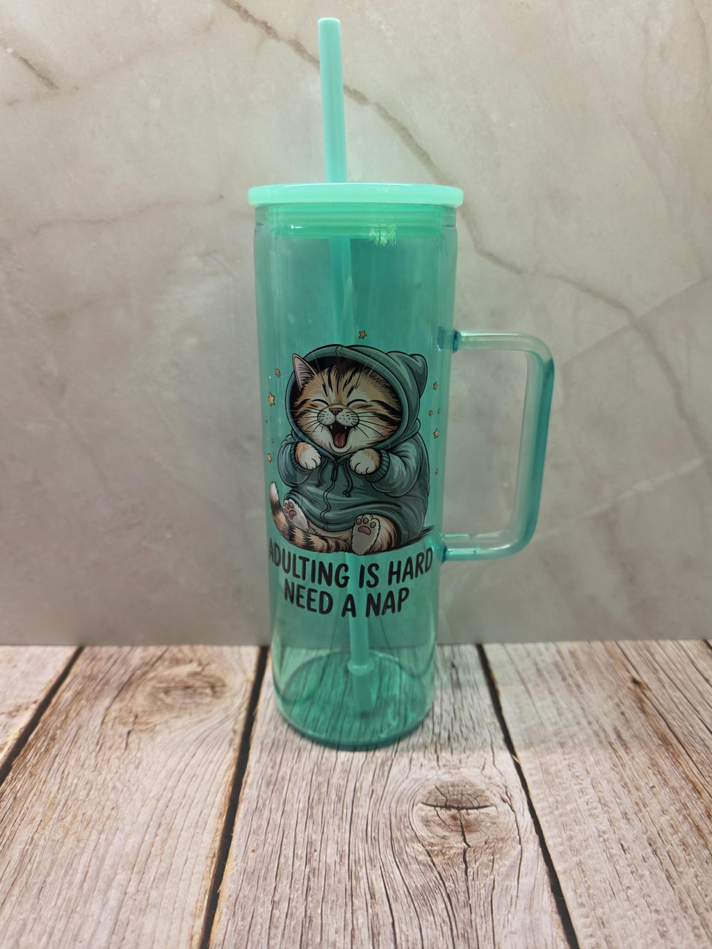 Adulting Is Hard, I Need A Nap Cat |Green Jelly Glass 20oz Skinny Tumbler W/Handle