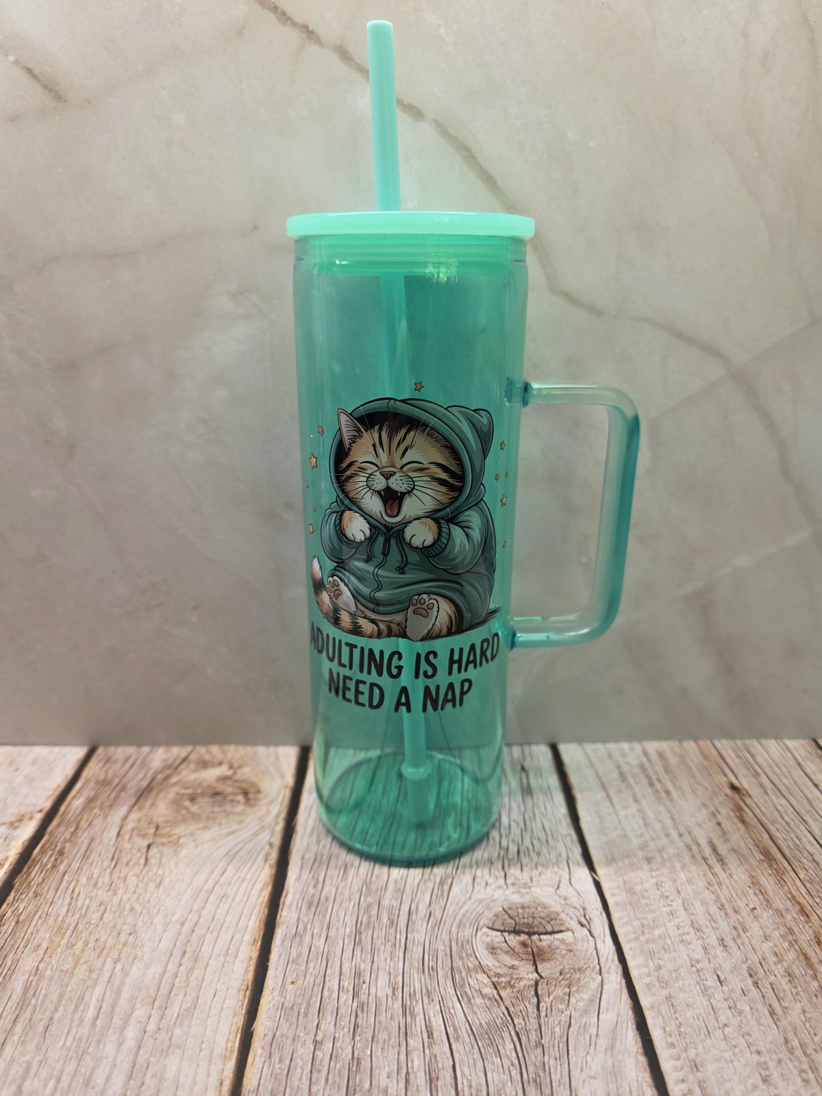 Adulting Is Hard, I Need A Nap Cat |Green Jelly Glass 20oz Skinny Tumbler W/Handle