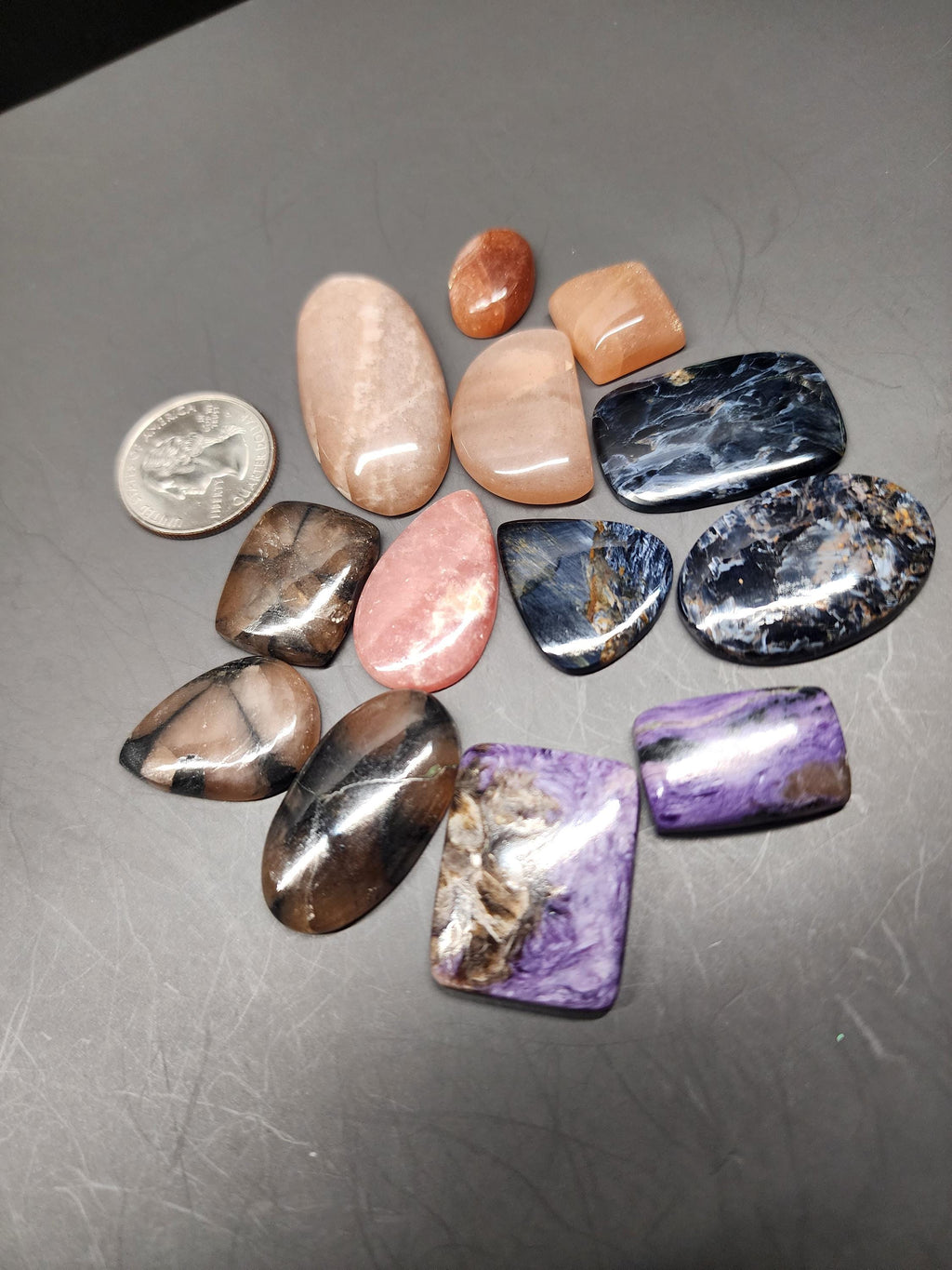 Bulk Lot - Mixed Materials | Natural Cabochons - Moonstone, Sunstone, Chiastolite, Pietersite, Charoite