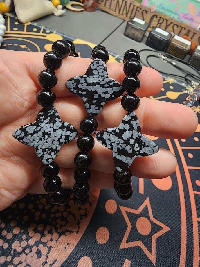 Natural Black Obsidian 8mm Stretch Bracelet with Snowflake Obsidian Star Accent