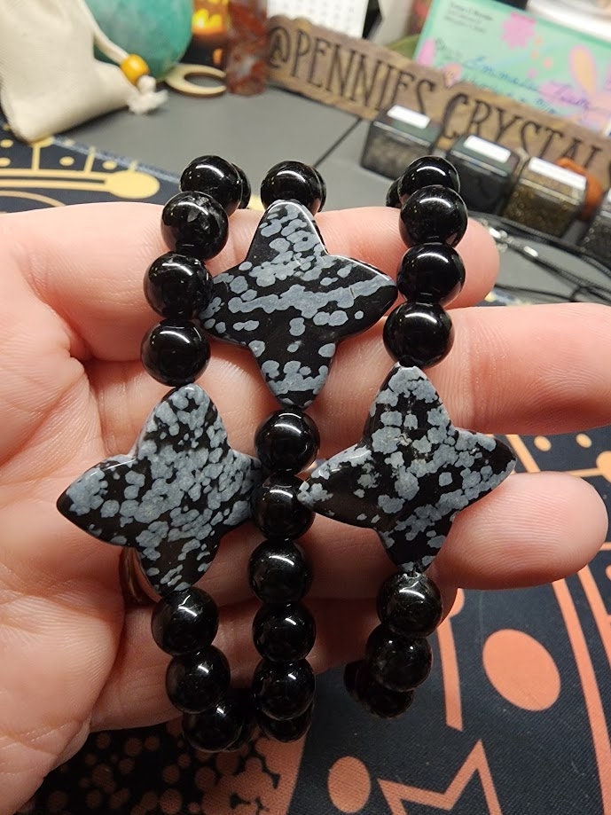 Natural Black Obsidian 8mm Stretch Bracelet with Snowflake Obsidian Star Accent