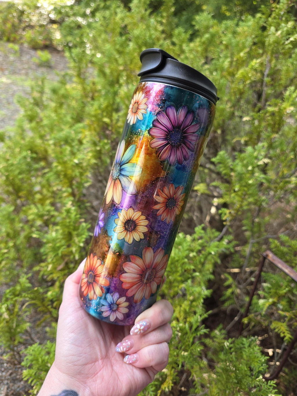 Watercolor Rainbow Flowers | 18oz Dual Flip Skinny Stainless Steel Epoxy Tumbler