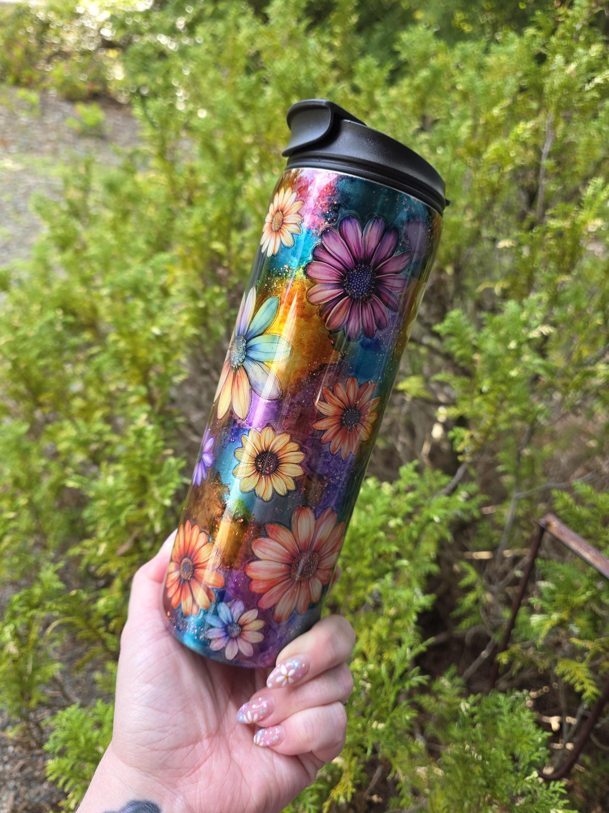 Watercolor Rainbow Flowers | 18oz Dual Flip Skinny Stainless Steel Epoxy Tumbler